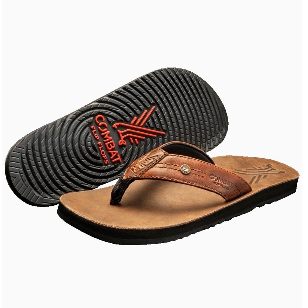 Combat Flip Flops Leather Sandals Mens 13 Brown AK-47 Tactical Rugged Thong